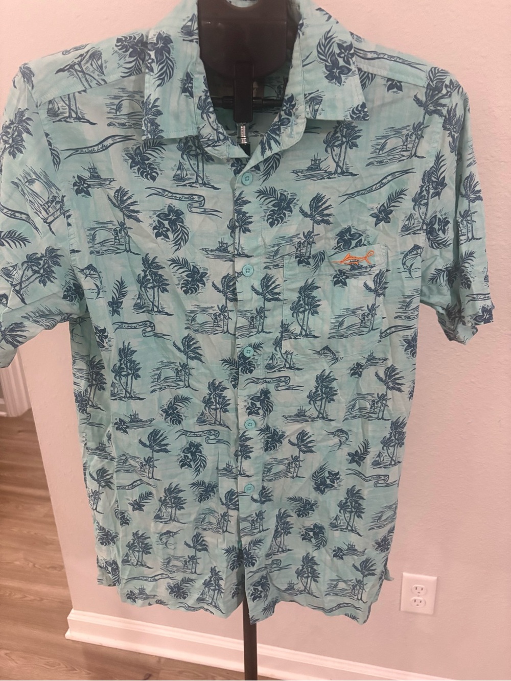 Salt Life Light Aqua Button-Down Shirt with Navy Tropical Print